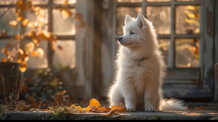 A fluffy white Samoyed puppy, with its fur softly illuminated by the afternoon light, sitting patiently by the front door, its gaze fixed on the handle, waiting for the moment it opens to embark - obrazy, fototapety, plakaty