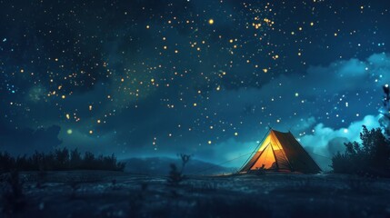 Under the expansive star-filled night sky, a tent emits a warm glow - obrazy, fototapety, plakaty
