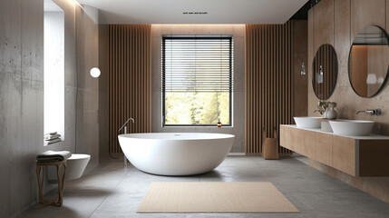 Fototapeta na wymiar A bright and spacious bathroom with free-standing bath, set against backdrop of wood accents on walls. Interior design