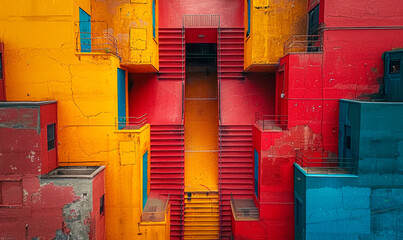 Symmetrical Staircase Flanked by Colorful Red, Yellow, and Blue Buildings