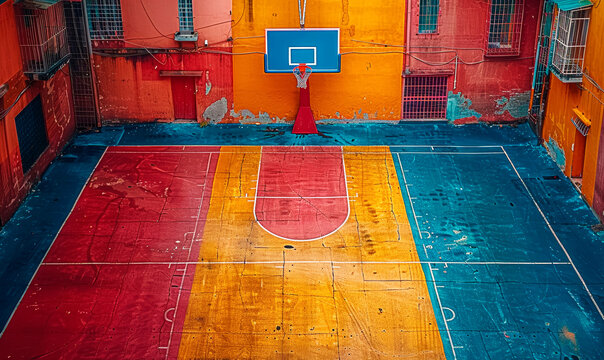 Faded Basketball Court with Distinctive Red, Yellow, and Blue Paint