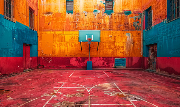 Weathered Red Basketball Court with Colorful Orange and Blue Backdrop