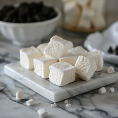 Fototapeta na wymiar Perfect white marshmallows on a marble tray.
