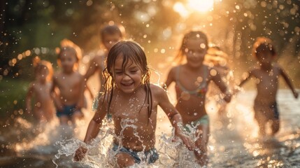 Obraz premium A group of children running through a sprinkler in a backyard on a hot summer day, with the sun shining and water droplets sparkling in the air -