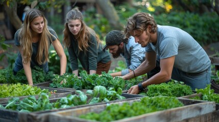 Naklejka na ściany i meble A group of city dwellers gathered around wooden raised garden beds, their hands busy harvesting crisp lettuce and vibrant carrots, sharing laughter and tips for sustainable living