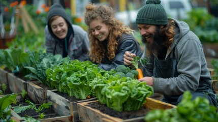 A group of city dwellers gathered around wooden raised garden beds, their hands busy harvesting crisp lettuce and vibrant carrots, sharing laughter and tips for sustainable living in their bustling