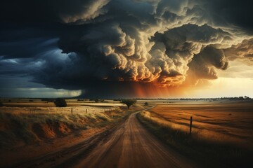 A dirt road cuts through a plain, under a large cumulus cloud in the dusk sky - obrazy, fototapety, plakaty