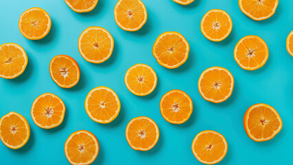 Slice of Oranges fruit patterns with shadow on bright blue color background. Pop art design, creative citruses, Minimal summer concept