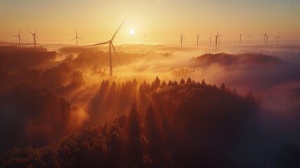 Dawn breaks over a serene landscape, its first light illuminating wind turbines among nature