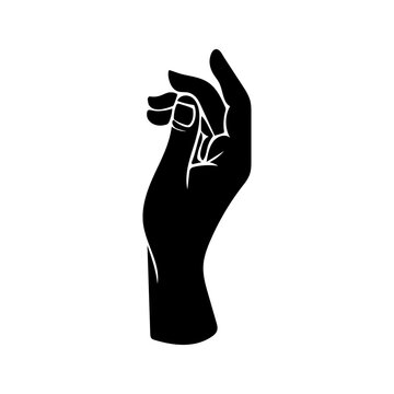 recommend clip art: Raised human hand with open palm and bent fingers. Grasping gesture. Vector image of a silhouette of a human hand, black on a white background.