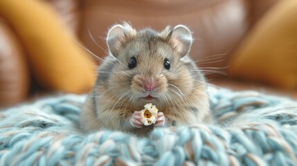 A hamster out of its cage, rolling around the house in a clear exercise ball, navigating between furniture legs and pausing to nibble on a found piece of popcorn, enjoying its little adventure