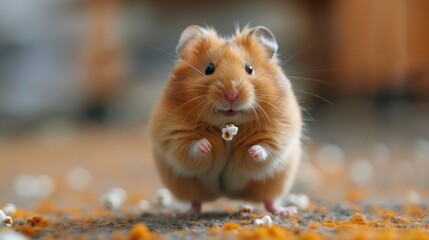 A hamster out of its cage, rolling around the house in a clear exercise ball, navigating between furniture legs and pausing to nibble on a found piece of popcorn, enjoying its little adventure