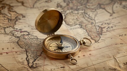 Fototapeta na wymiar An aged brass compass lies atop a weathered treasure map