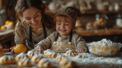 A happy handicapped down syndrome child with his mother indoors baking