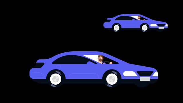 2D Illustrated Happy Man With Brown Hair And Beard Driving Blue Sport Car Loop Video with Alpha Channel.