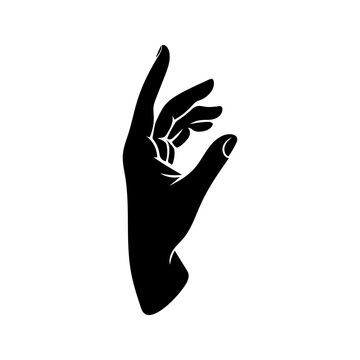Raised human hand with open palm and bent fingers. Grasping gesture. Vector image of a silhouette of a human hand, black on a white background.