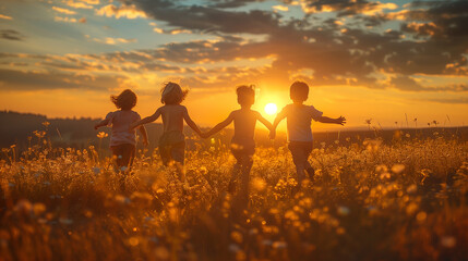 happy smiling kids running at sunset
 in the park,ai - obrazy, fototapety, plakaty