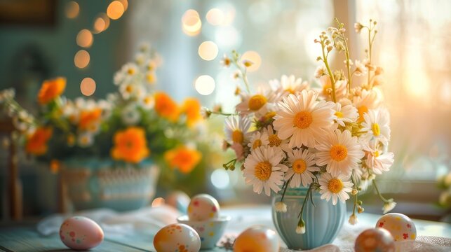 A vibrant display of various flowers in a ceramic vase accompanied by a basket of painted Easter eggs, symbolizing rebirth and joy