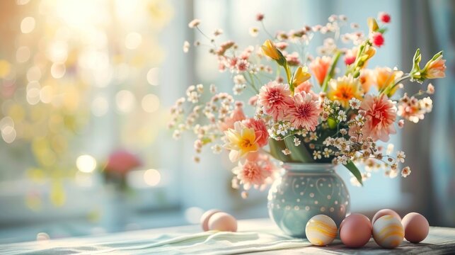 An exquisite Easter dining setup with a teapot, cups, and a luxurious flower arrangement amidst beautifully painted eggs