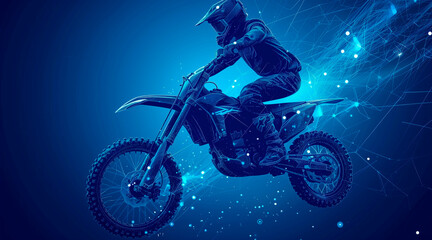 Abstract 3D of a jumping motocross rider on blue. Motocross freestyle. Dots, lines, and stars
