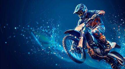 Abstract 3D of a jumping motocross rider on blue. Motocross freestyle. Dots, lines, and stars