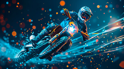 Abstract 3D of a jumping motocross rider on blue. Motocross freestyle. Dots, lines, and stars