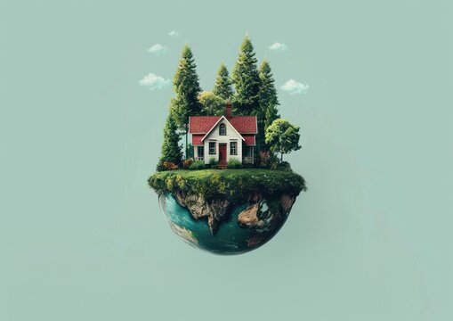 Floating mini world with house and garden. flying islands in the serene sky with quiet residences