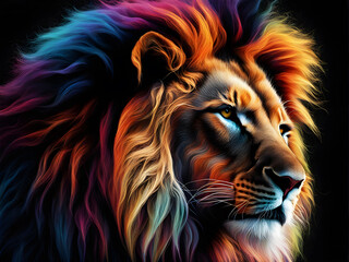 The head of a lion in a multi-colored flame on a black background. Generative Ai