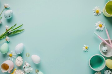 A creative and engaging Easter image of eggs ready for painting surrounded by spring flowers on a soothing teal background - obrazy, fototapety, plakaty