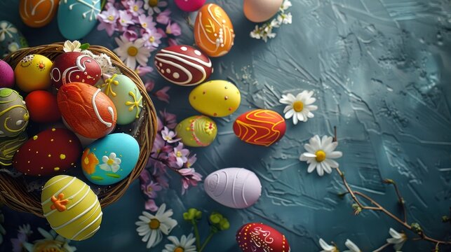 Lush arrangement of ornate Easter eggs in a basket with spring flowers and a painted blue background for a festive look