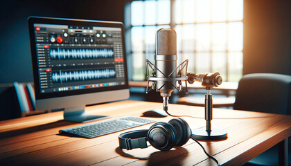 podcasting equipment with a focus on the microphone in the foreground