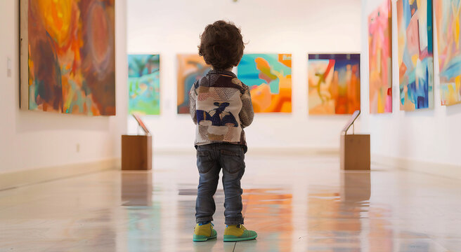 Pequeno garoto olhando para pinturas de arte moderna em uma galeria