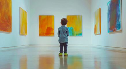 Pequeno garoto olhando para pinturas de arte moderna em uma galeria
