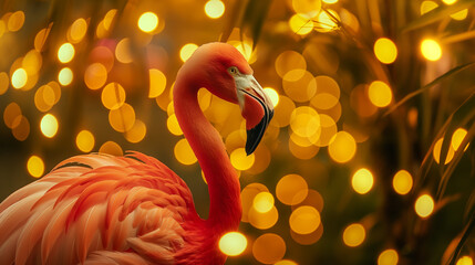 Flamingo isolado no fundo amarelo com luzes desfocadas - Papel de parede - obrazy, fototapety, plakaty