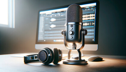 podcasting equipment with a focus on the microphone in the foreground