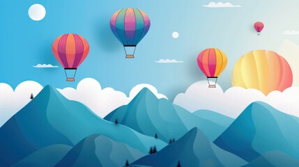 Fototapeta na wymiar A breathtaking view of vibrant hot-air balloons soaring over picturesque mountains