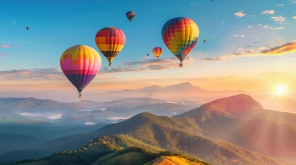 Fototapeta premium A breathtaking view of vibrant hot-air balloons soaring over picturesque mountains