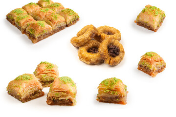 Pistachio baklava on a white background. Dessert.