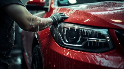 Manual car wash with pressurized water in car wash outside. Neural network AI generated art