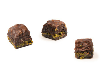 Turkish chocolate baklava isolated on white background.