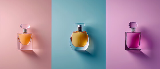 Three perfume bottles are displayed on a colorful background. Concept of luxury and sophistication - obrazy, fototapety, plakaty