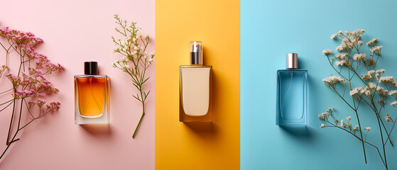 Three perfume bottles are displayed on a table with flowers in the background - obrazy, fototapety, plakaty