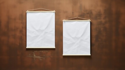 Two blank empty white wrinkled vertical posters on a textured wall for mockup display
