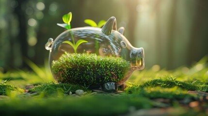 grass sprouting in the form of an upward arrow graph within a transparent piggy bank