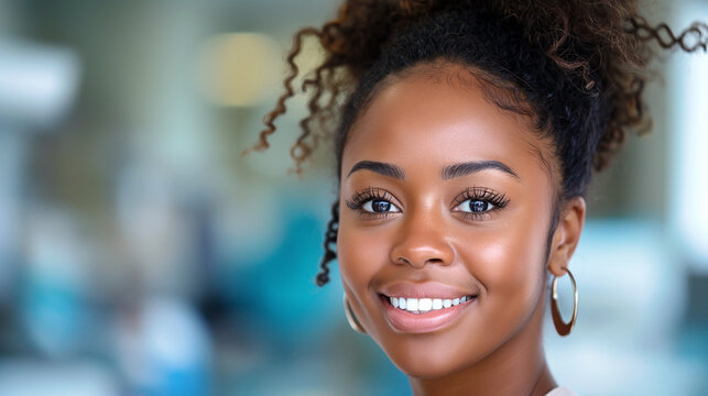 Close-up portrait of cheerful pretty black woman smiles. Skinacare and nice teeth concept.