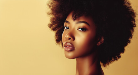 Beautiful glamour black woman with afro hairstyle, beauty mosel against beige background. Skincare, makeup concept.