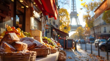 A Parisian Bakery Displaying Fresh Pastries and Breads with Iconic Landmarks in Soft Focus