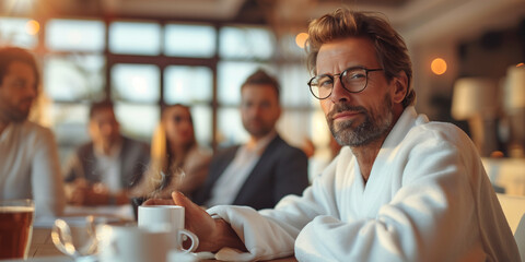 A young businessman with glasses sits in a morning business meeting wearing a white bathrobe and carrying a mug of coffee. AI generated high quality stock photo - Powered by Adobe