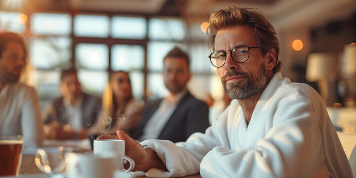 A young businessman with glasses sits in a morning business meeting wearing a white bathrobe and carrying a mug of coffee. AI generated high quality stock photo