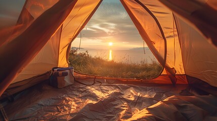 Cozy Camping Tent Offering Stunning Sunset View Over the Sea